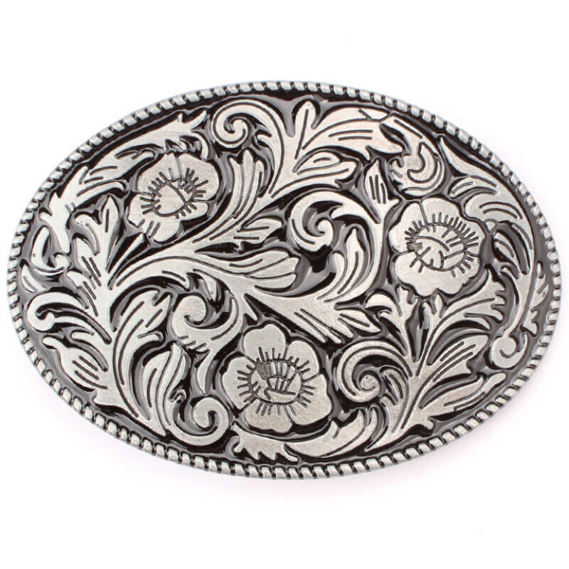 GÜRTELSCHNALLE METAL COWBOY WEST MÄNNER BUCKLE BELT BLUMEN SILBER GÜRTEL GRAU